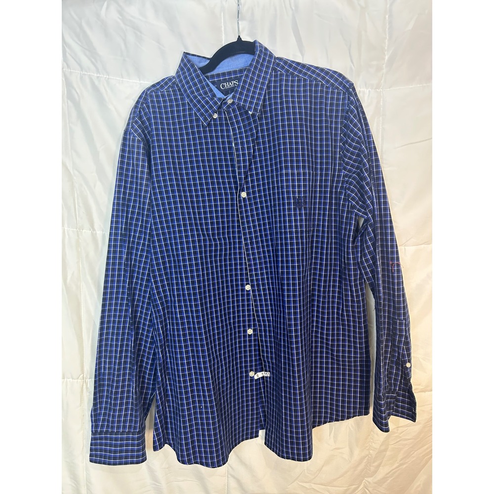 CHAPS Mens Plaid Button Down Shirt Easy Care‎ Long Sleeve XL TG EG Blue